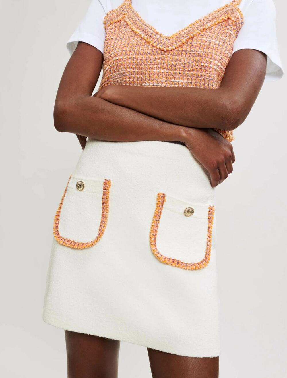 Maje Women's Jisal Knit Mini Skirt Sz 40 L Ivory Ecru Orange Boucle Gold Buttons